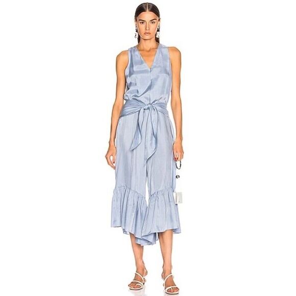 Tibi Cami Jumpsuit Wide Cropped leg Ruffle Hem Blue SZ 0 - Picture 16 of 16